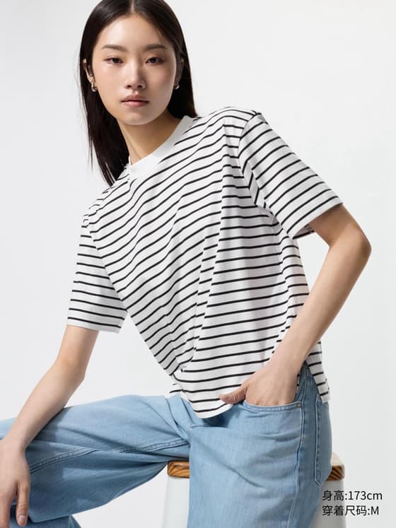 女装 AIRism棉混纺条纹T恤/短袖宽松显瘦
