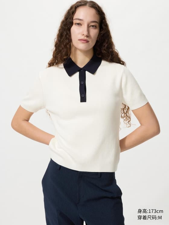 女装 棉莫代尔混纺POLO领拼色针织衫/短袖