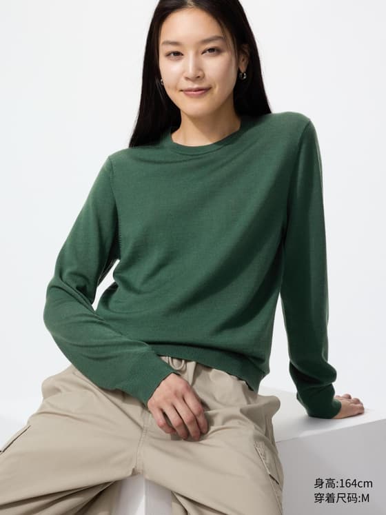 女装 精纺美利奴羊毛圆领针织衫长袖机洗通勤
